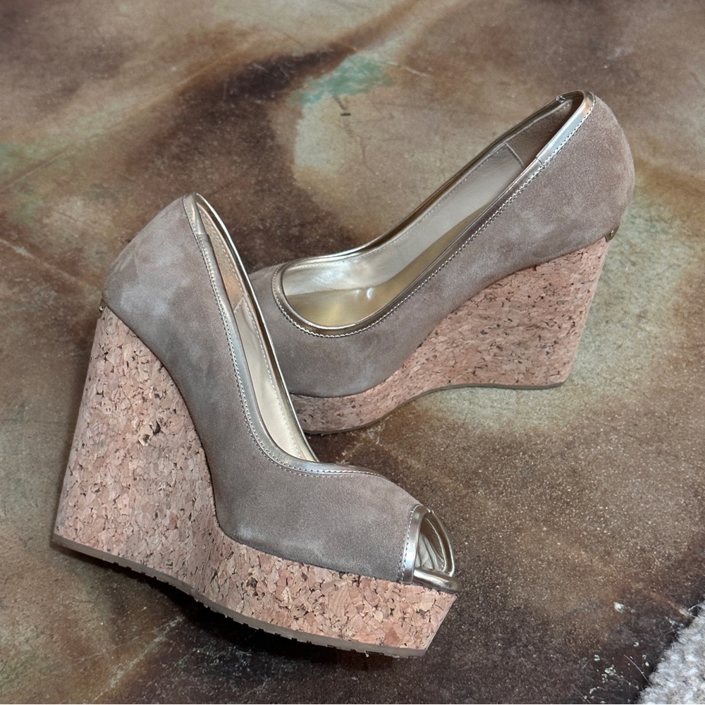 PAPINA Peep Toe Cork Wedge Suede Nude Jimmy Choo